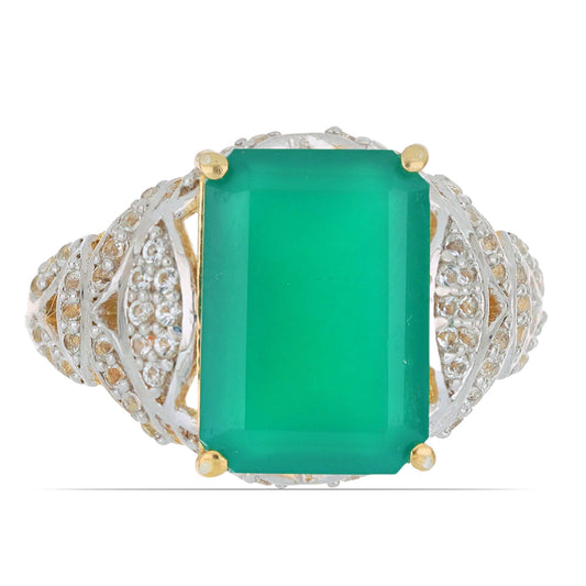 Goldplattierter Silberring mit grünem Achat und weißem Topas