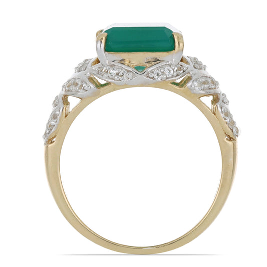 Goldplattierter Silberring mit grünem Achat und weißem Topas