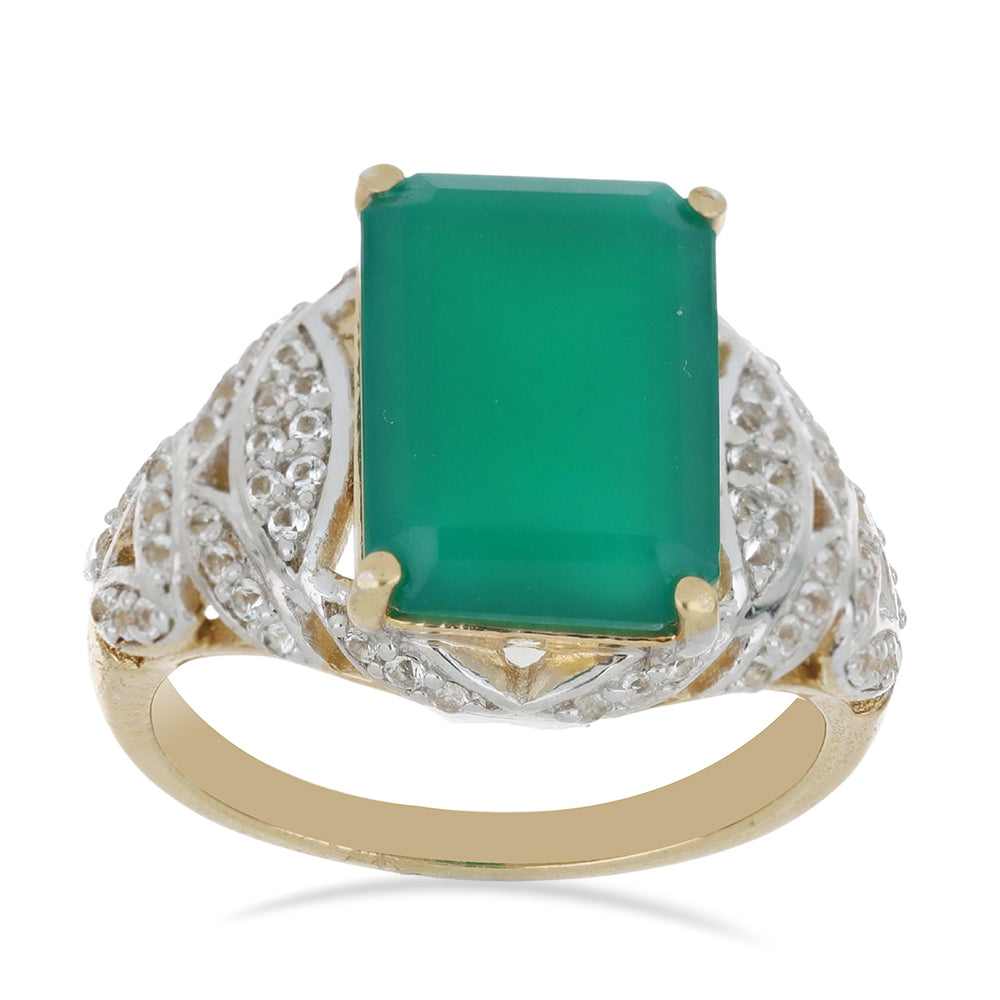 Goldplattierter Silberring mit grünem Achat und weißem Topas 3 