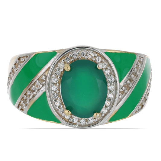 Goldplattierter Silberring mit grünem Achat und weißem Topas