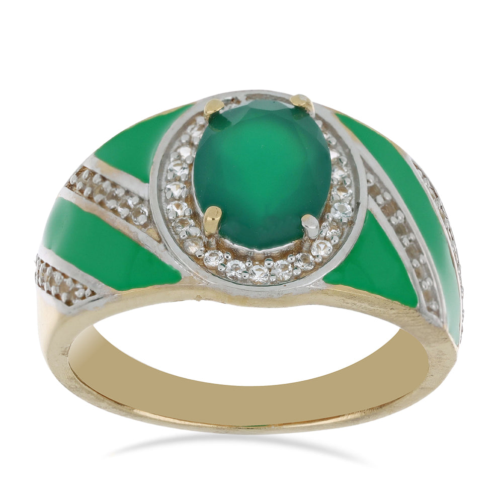 Goldplattierter Silberring mit grünem Achat und weißem Topas