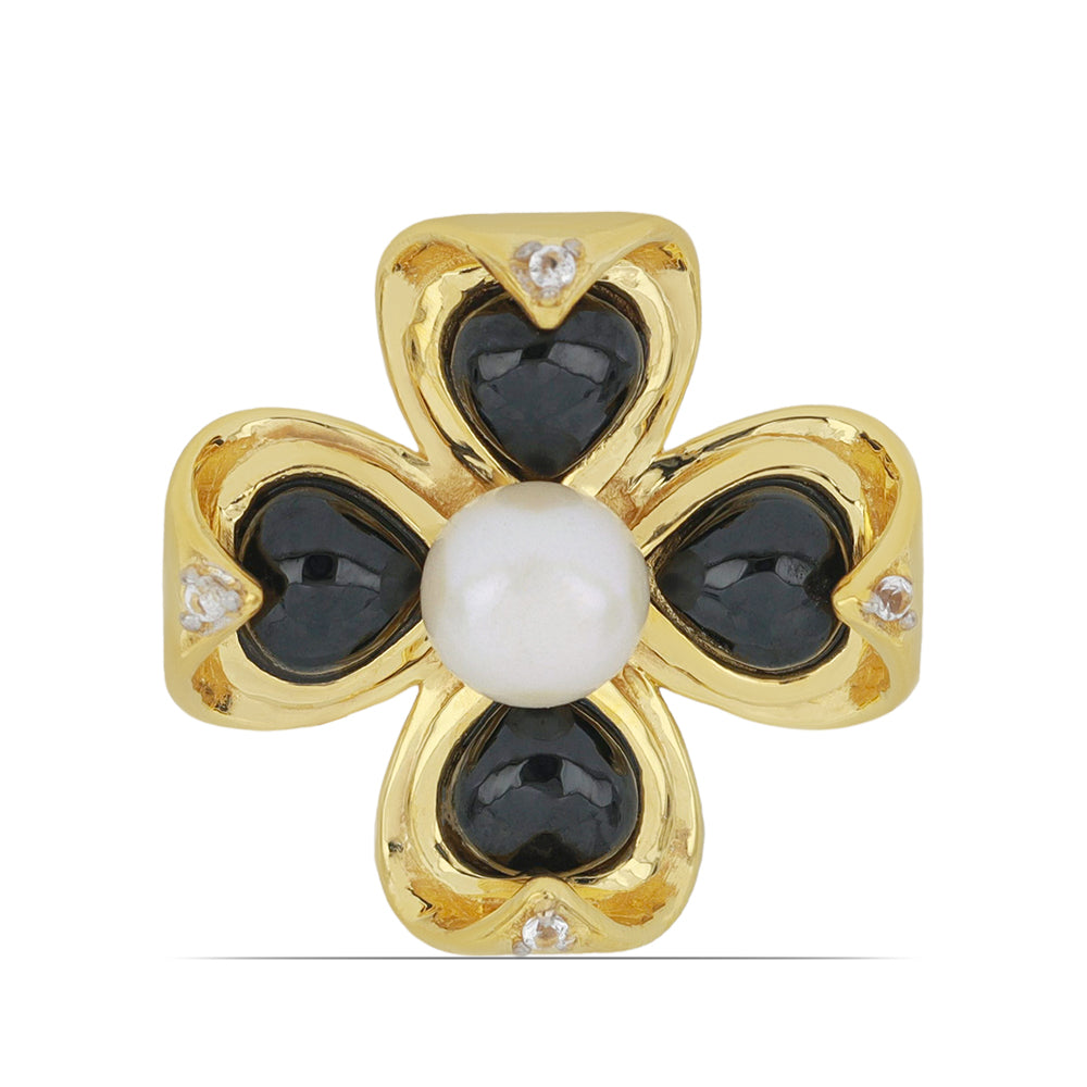 Goldplattierter Silberanhänger mit schwarzem Onyx aus Suwar und weißer Süßwasserperle