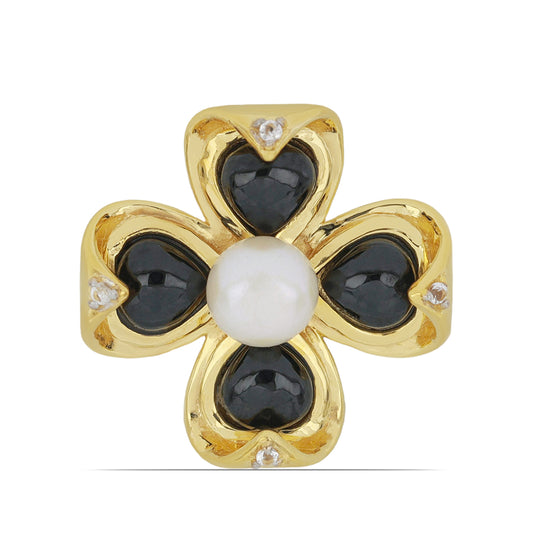 Goldplattierter Silberanhänger mit schwarzem Onyx aus Suwar und weißer Süßwasserperle