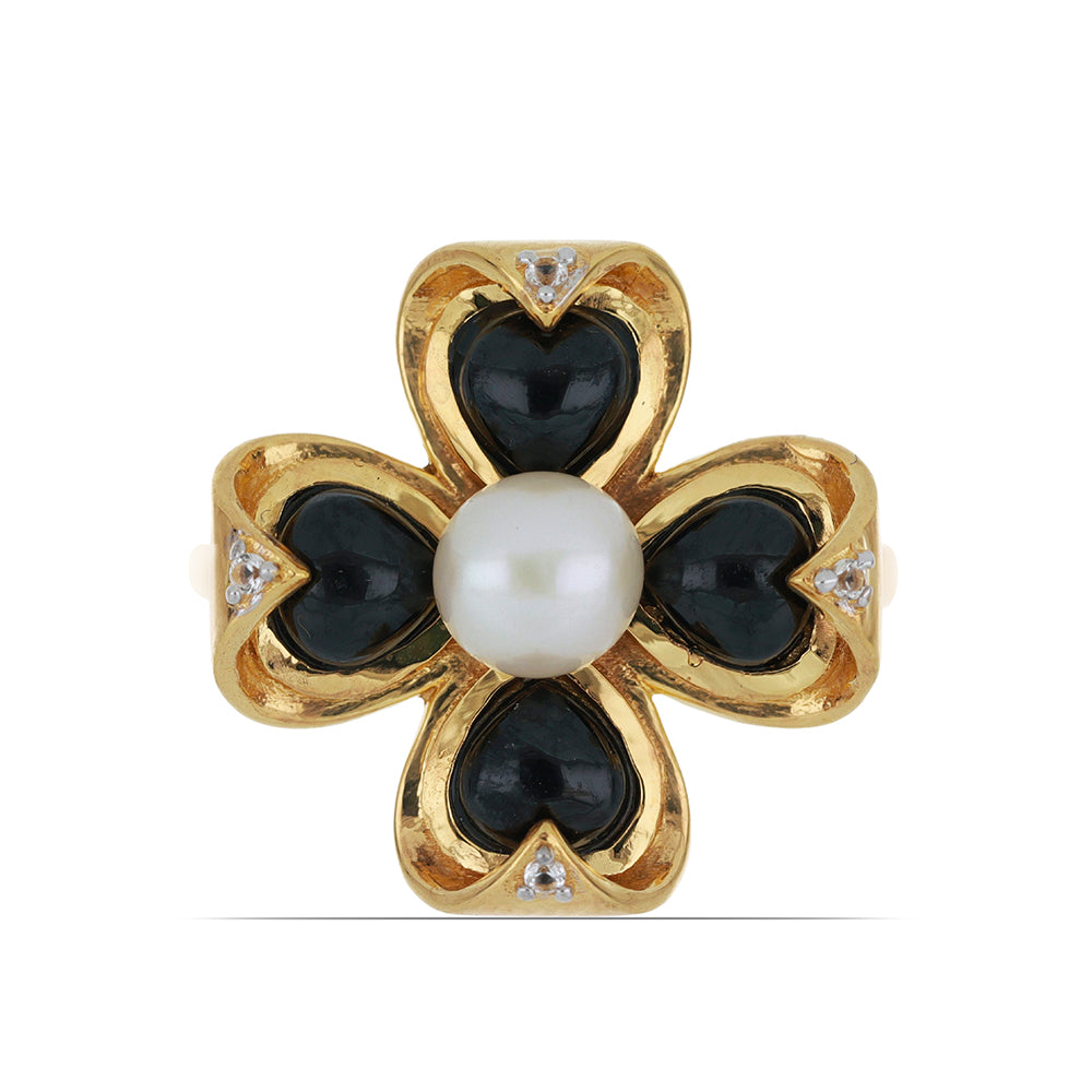 Goldplattierter Silberring mit schwarzem Onyx aus Suwar und weißer Süßwasserperle 1 