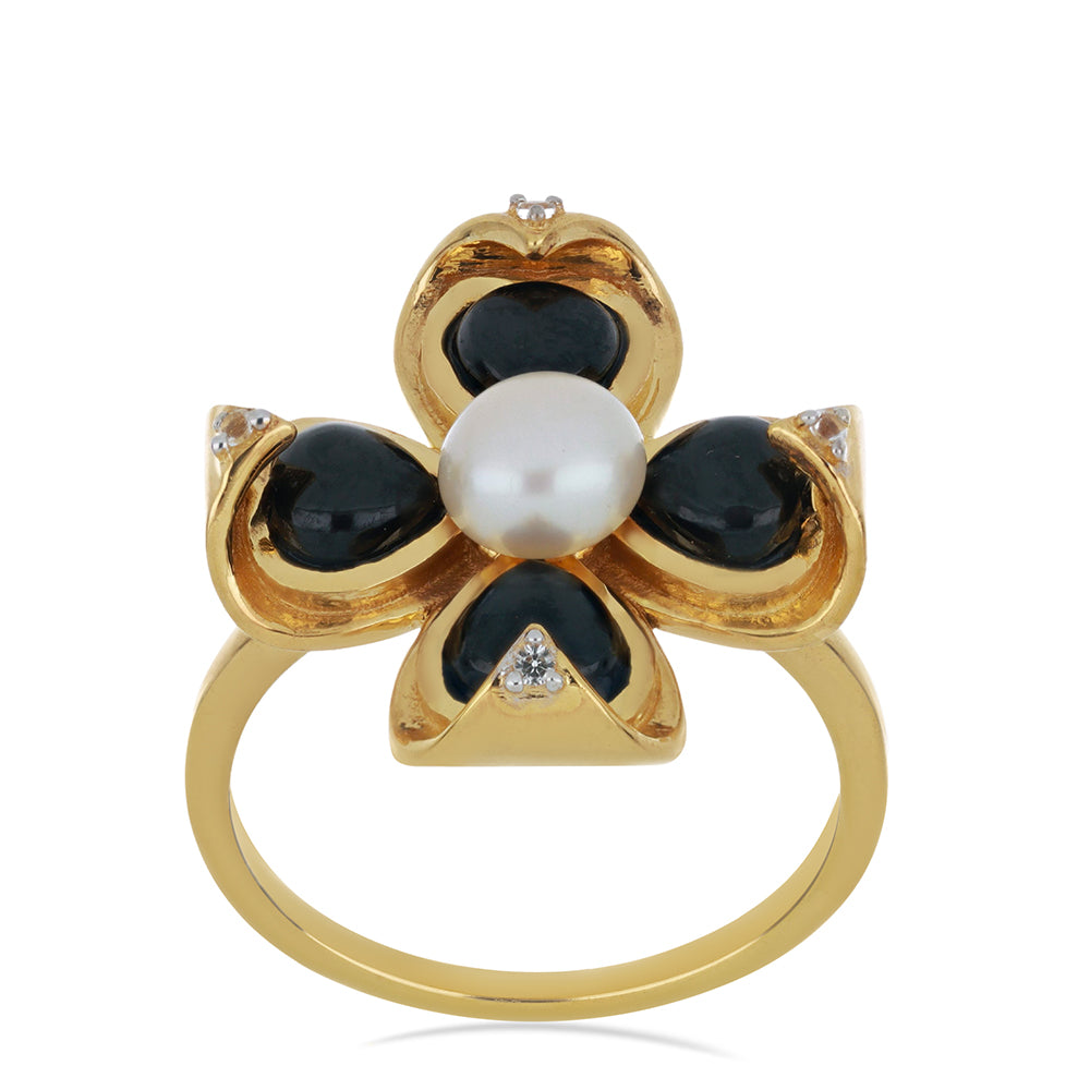 Goldplattierter Silberring mit schwarzem Onyx aus Suwar und weißer Süßwasserperle