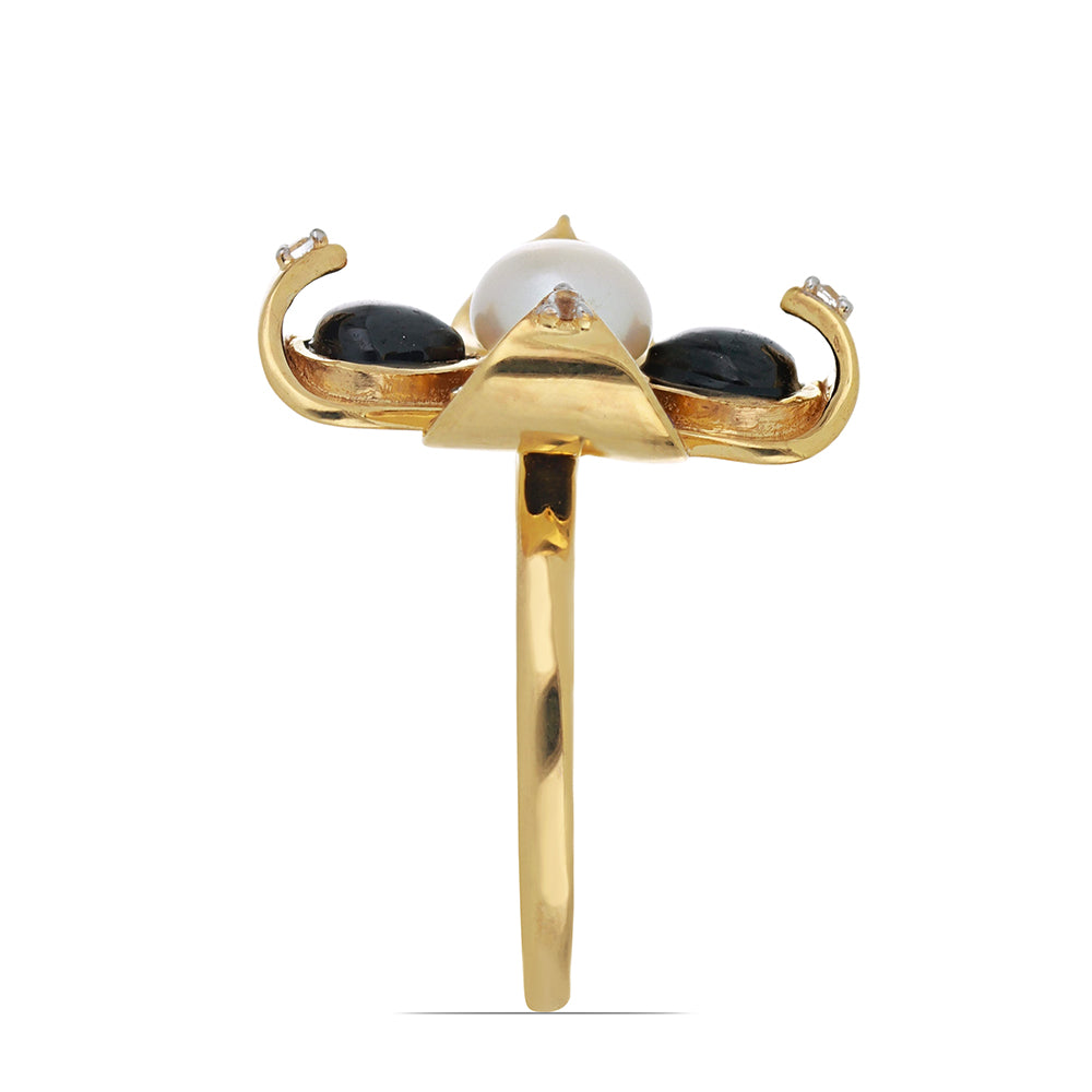 Goldplattierter Silberring mit schwarzem Onyx aus Suwar und weißer Süßwasserperle 4 