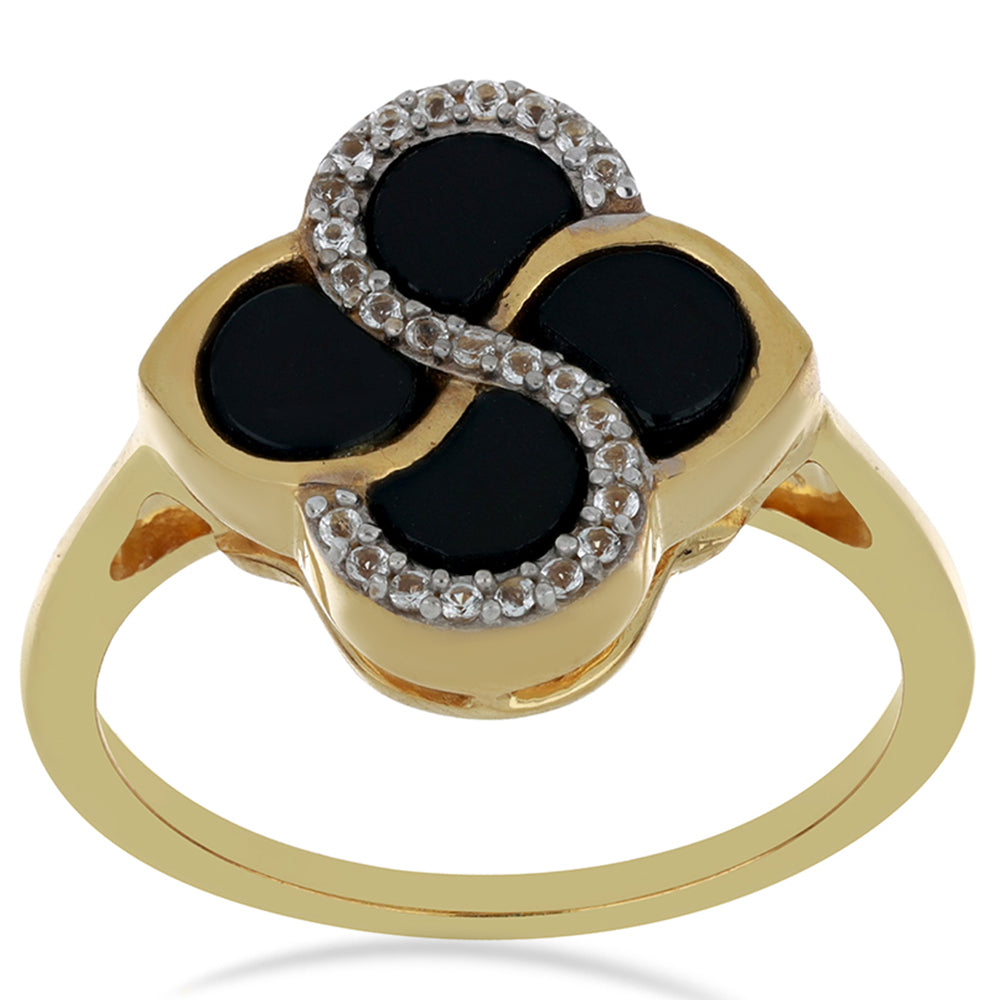 Goldplattierter Silberring mit schwarzem Onyx aus Suwar und weißem Topas 3 