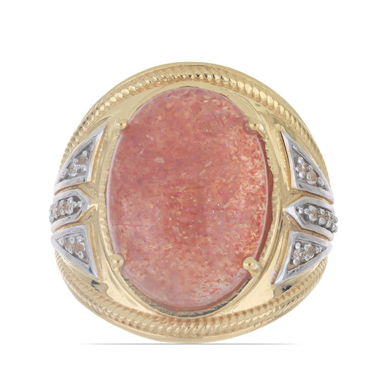 Goldplattierter Silberring mit Sonnenstein aus Oregon und weißem Topas