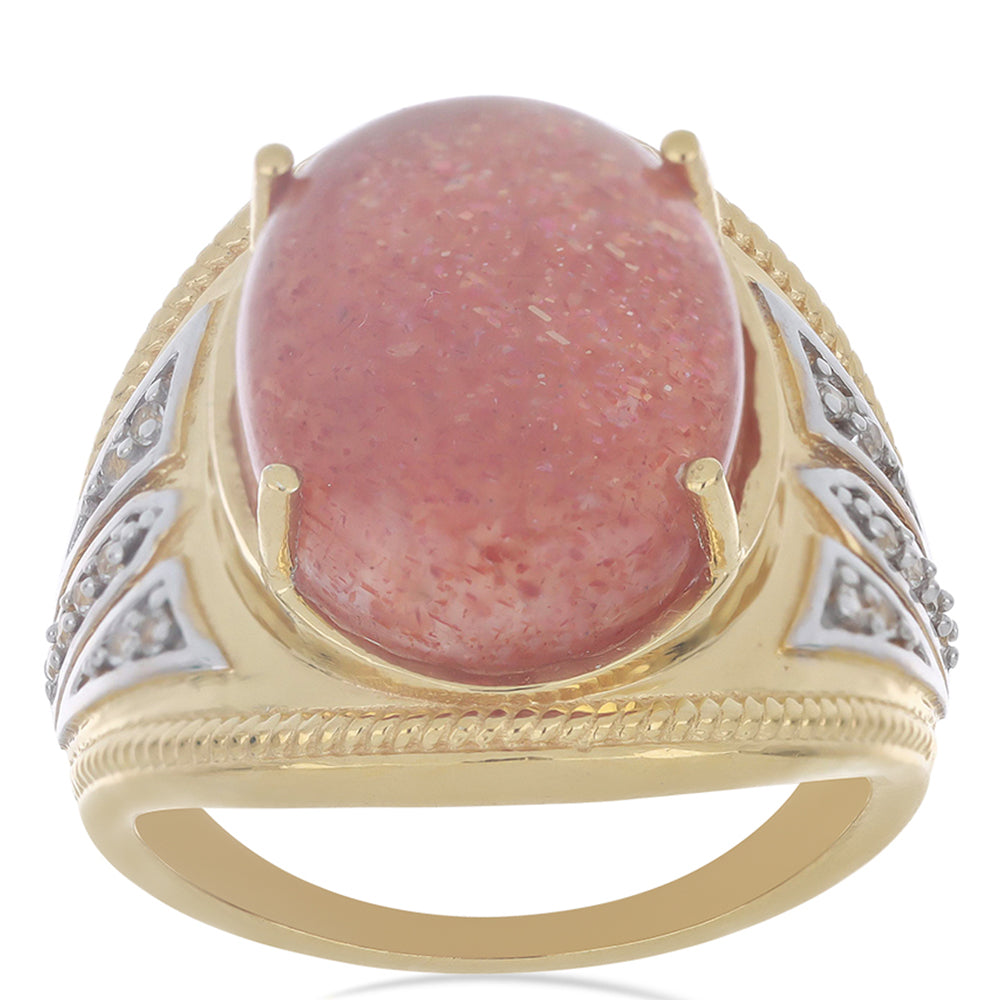 Goldplattierter Silberring mit Sonnenstein aus Oregon und weißem Topas