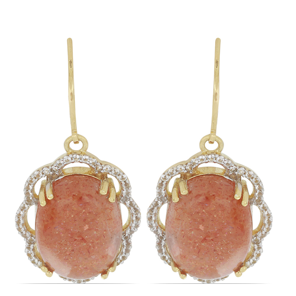 Goldplattierte Silberohrringe mit Sonnenstein aus Oregon und weißem Topas 1 