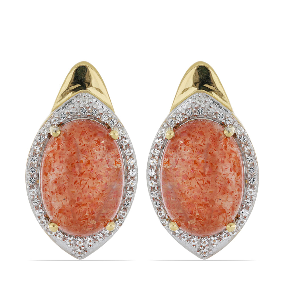 Goldplattierte Silberohrringe mit Sonnenstein aus Oregon und weißem Topas 1 