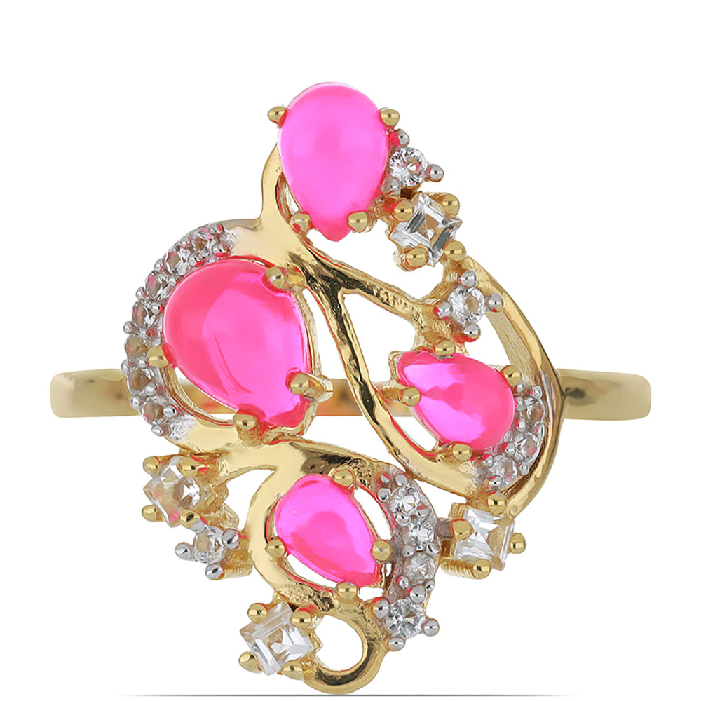 Goldplattierter Silberring mit rosa äthiopischem Opal aus Lega Dembi und weißem Topas 1 