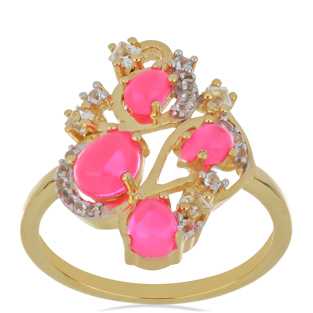 Goldplattierter Silberring mit rosa äthiopischem Opal aus Lega Dembi und weißem Topas