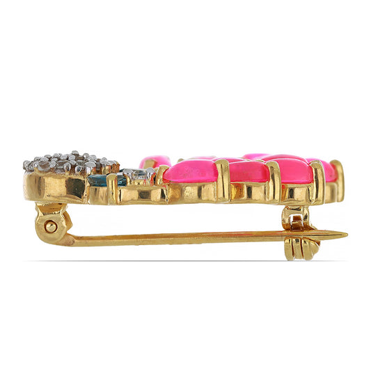 Goldplattierte Silberbrosche mit rosa Opal aus Lega Dembi und londonblauem Topas