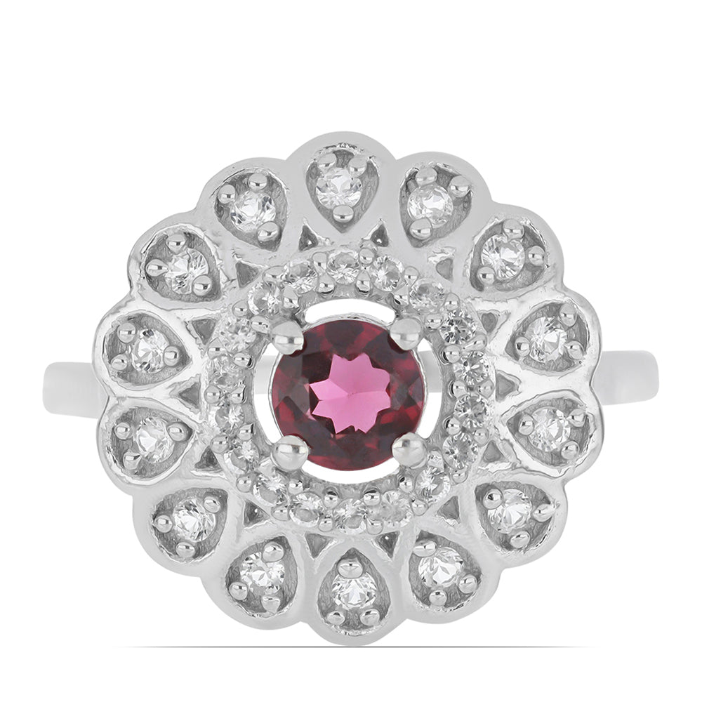 Silberring mit Rhodolith aus Moatize und weißem Topas