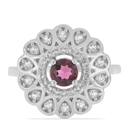 Silberring mit Rhodolith aus Moatize und weißem Topas