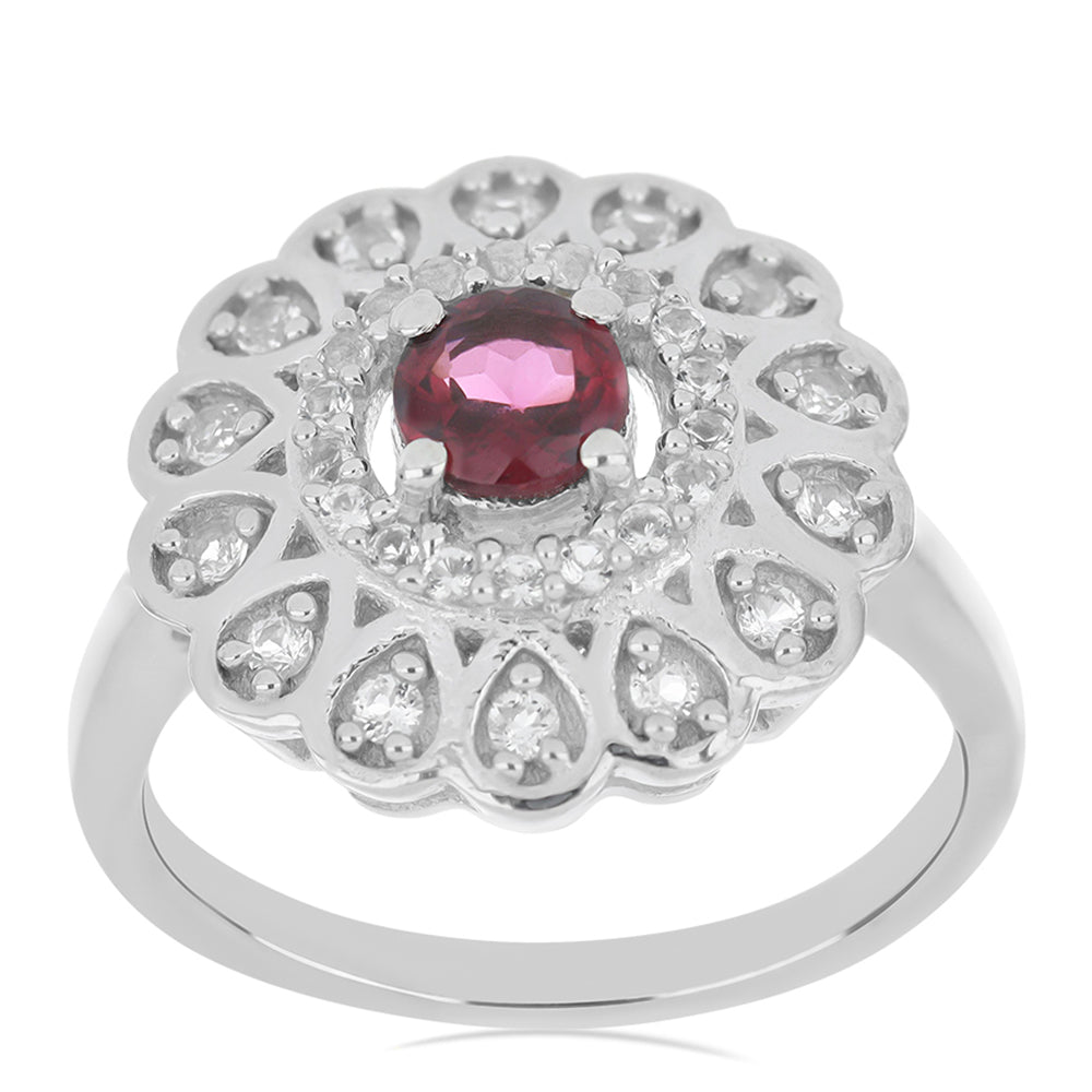 Silberring mit Rhodolith aus Moatize und weißem Topas