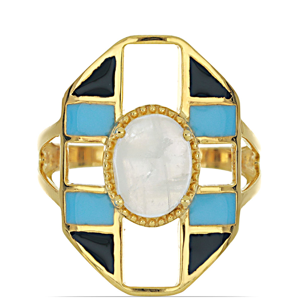 Goldplattierter Silberring mit Emaille und Regenbogenmondstein 1 