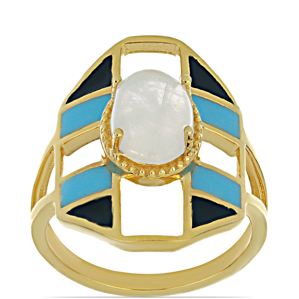 Goldplattierter Silberring mit Emaille und Regenbogenmondstein