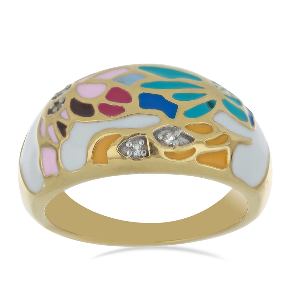 Goldplattierter Silberring mit Emaille und weißem Topas