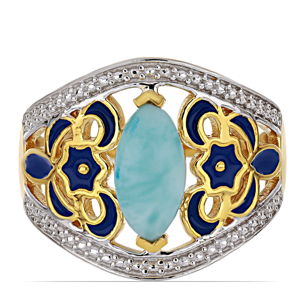 Goldplattierter Silberring mit Emaille und Larimar