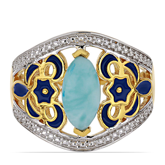 Goldplattierter Silberring mit Emaille und Larimar