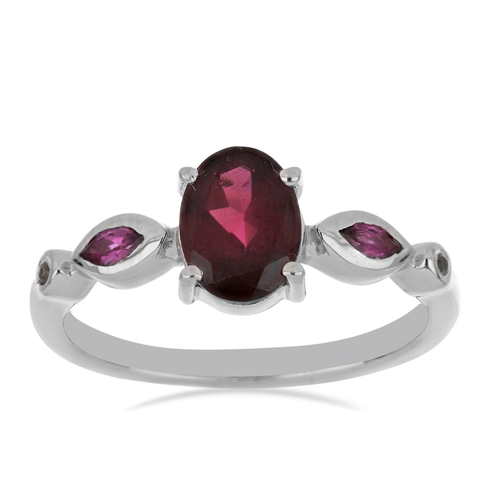 Silberring mit Rhodolith aus Moatize und weißem Topas