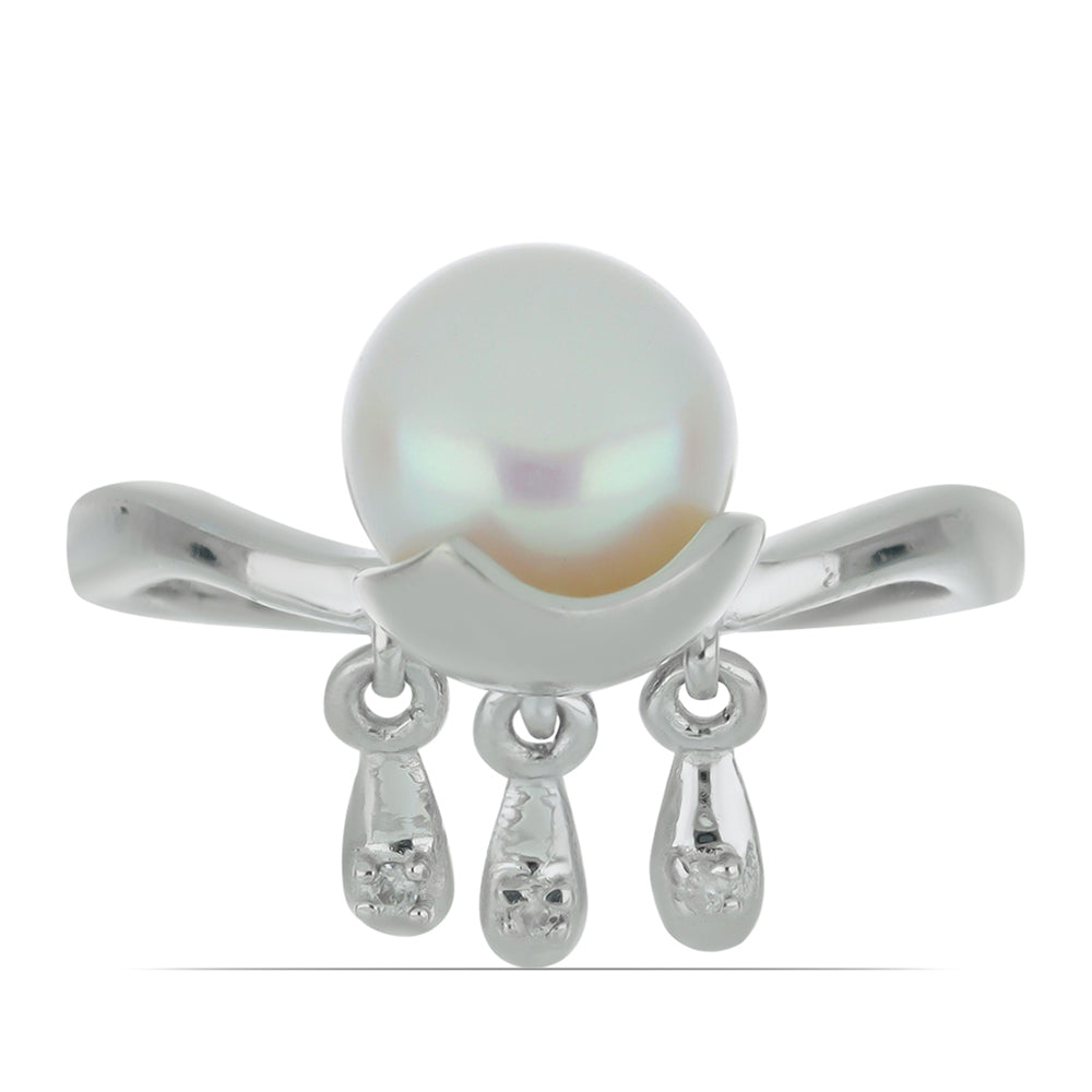 Silberring mit weißem Diamant und weißer Süßwasserperle 1 