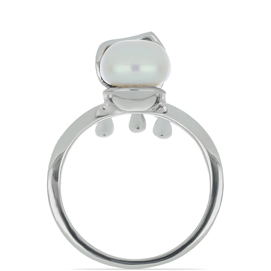 Silberring mit weißem Diamant und weißer Süßwasserperle