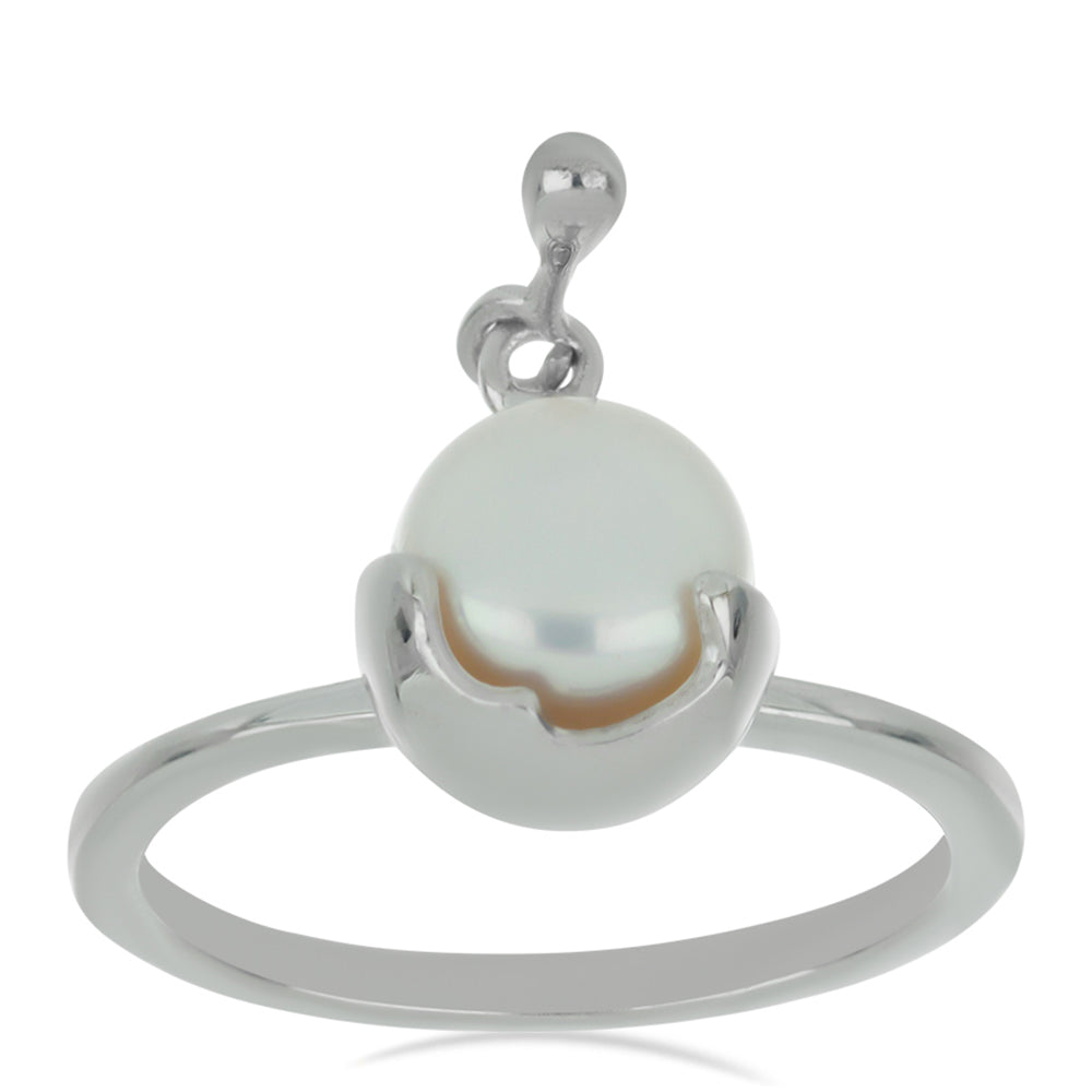 Silberring mit weißem Diamant und weißer Süßwasserperle