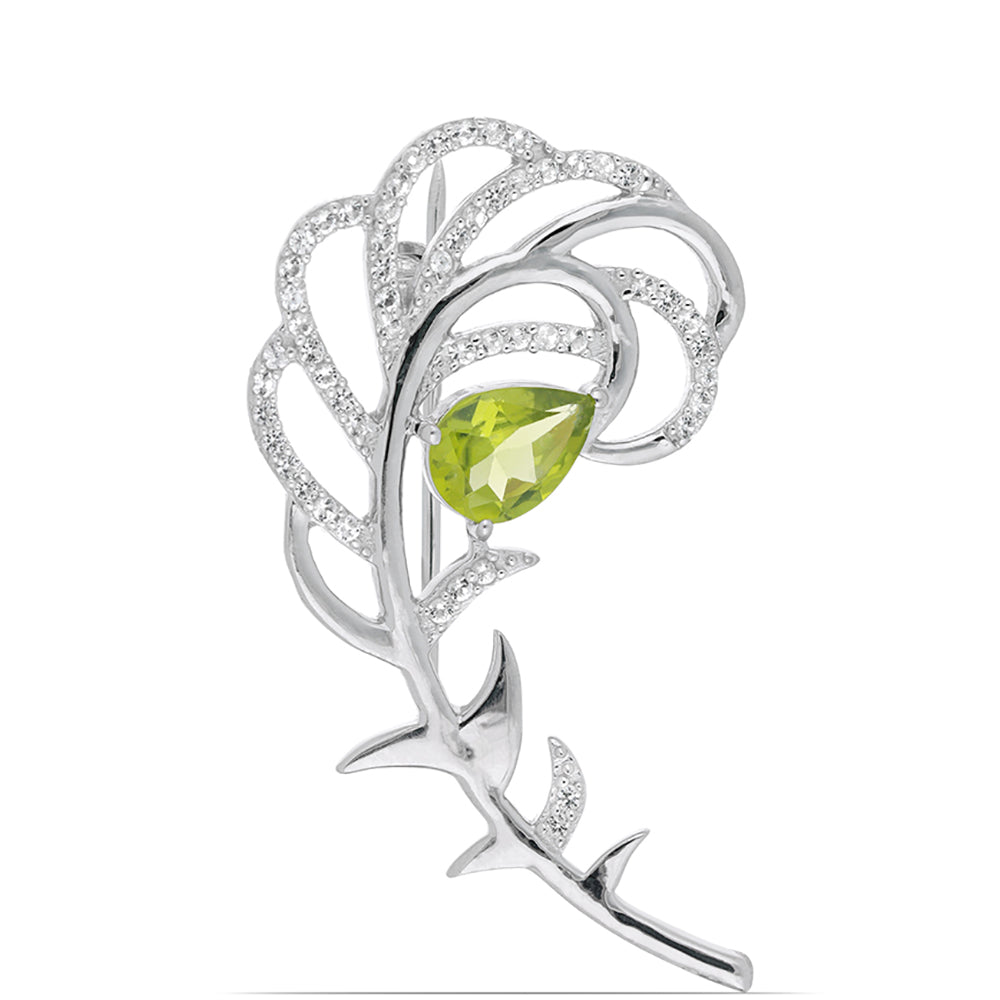 Silberbrosche mit Peridot aus Changbai und weißem Topas