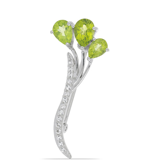Silberbrosche mit Peridot aus Changbai und weißem Topas