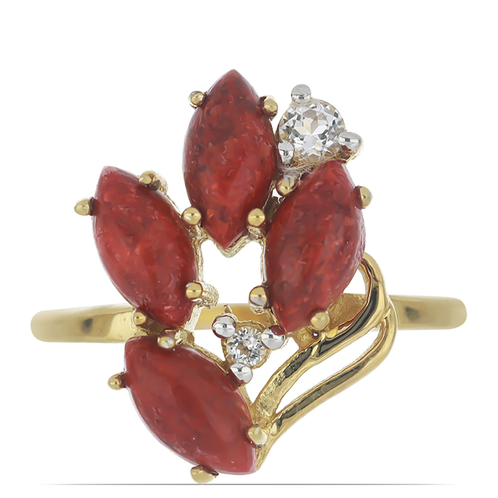 Goldplattierter Silberring mit roter Schwammkoralle und weißem Topas 1 