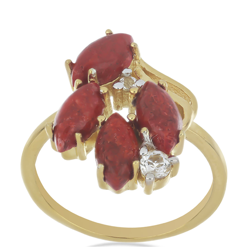 Goldplattierter Silberring mit roter Schwammkoralle und weißem Topas