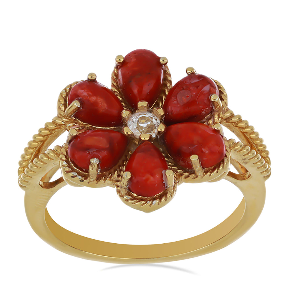 Goldplattierter Silberring mit roter Schwammkoralle und weißem Topas 3 
