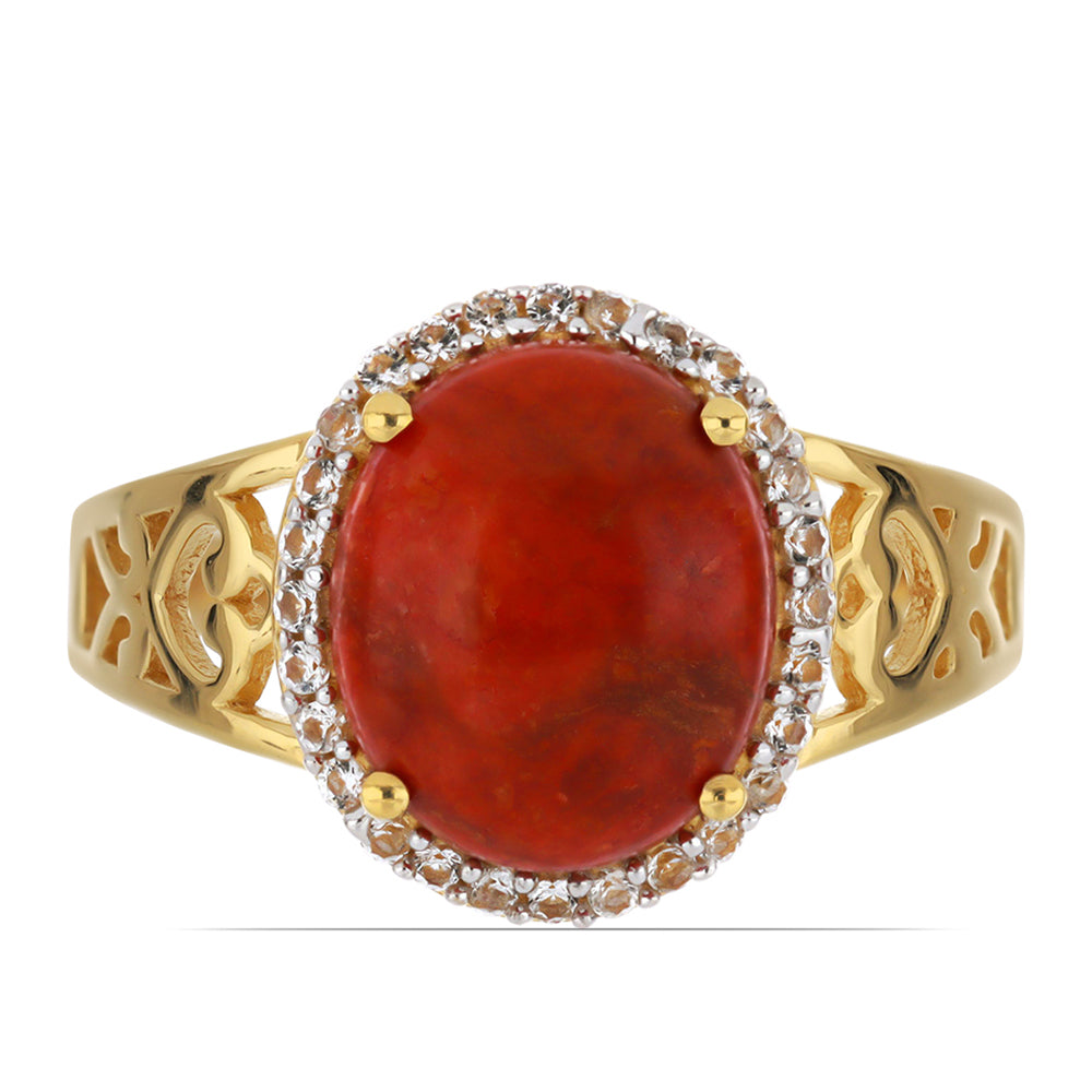 Goldplattierter Silberring mit roter Schwammkoralle und weißem Topas