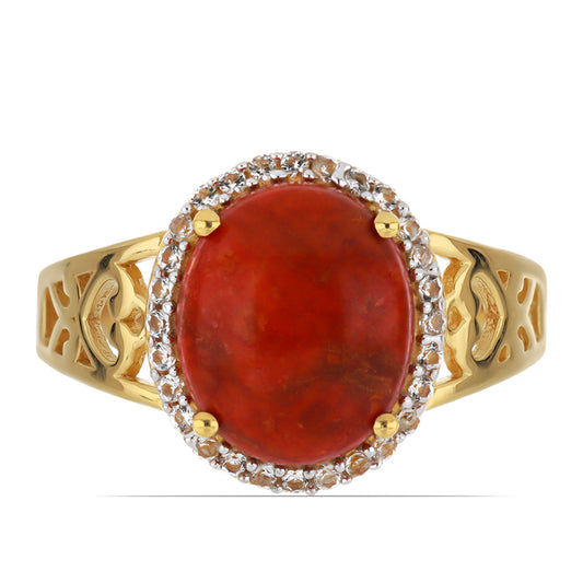 Goldplattierter Silberring mit roter Schwammkoralle und weißem Topas