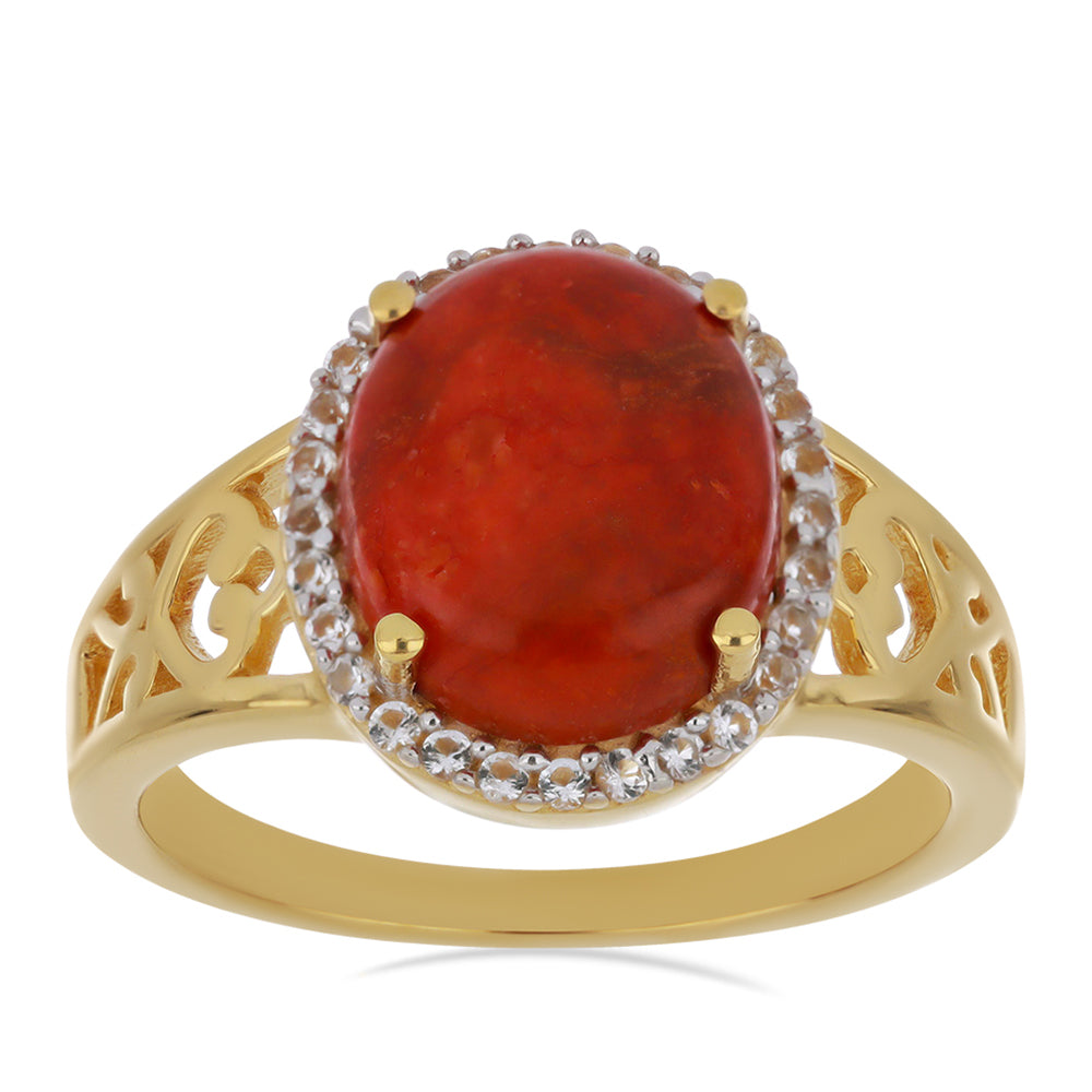 Goldplattierter Silberring mit roter Schwammkoralle und weißem Topas 3 