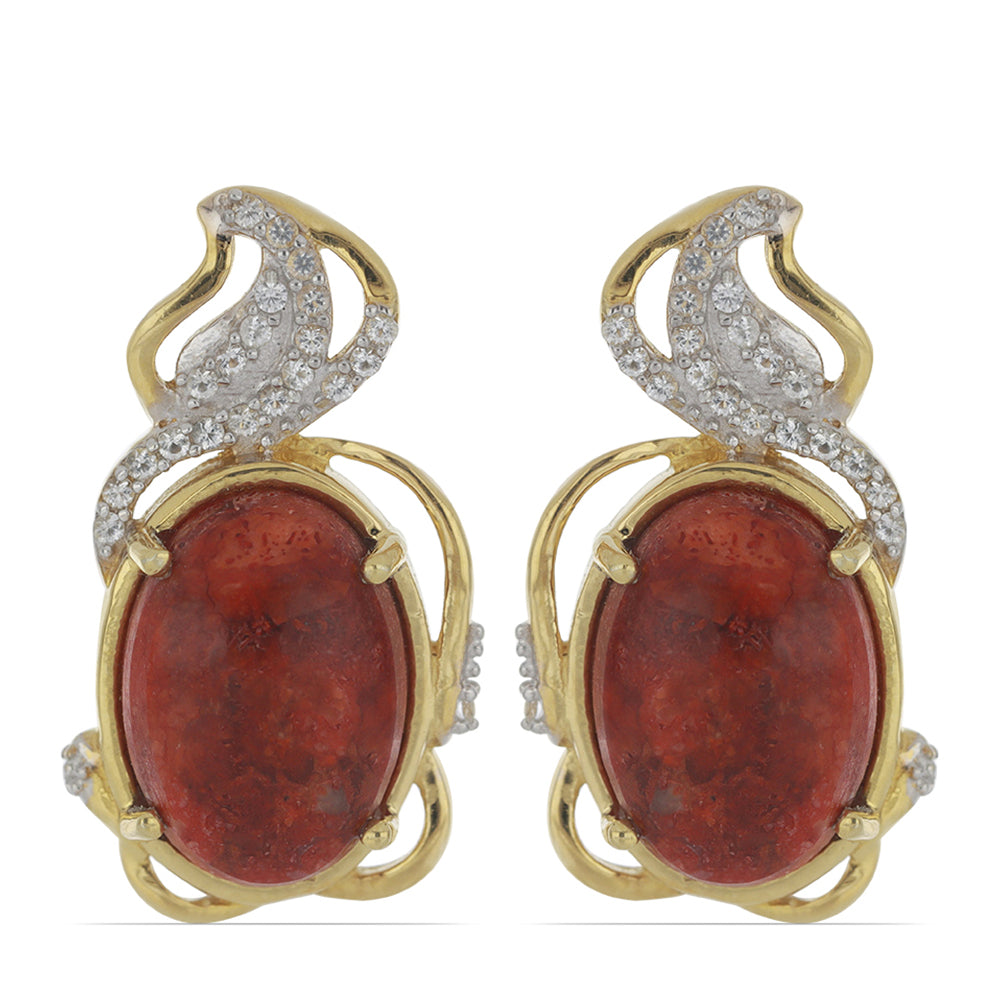 Goldplattierte Silberohrringe mit roter Schwammkoralle und weißem Topas 1 