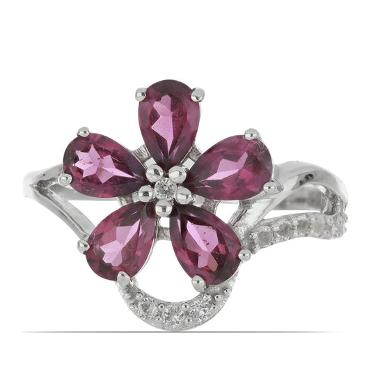 Silberring mit Rhodolith aus Moatize und weißem Topas