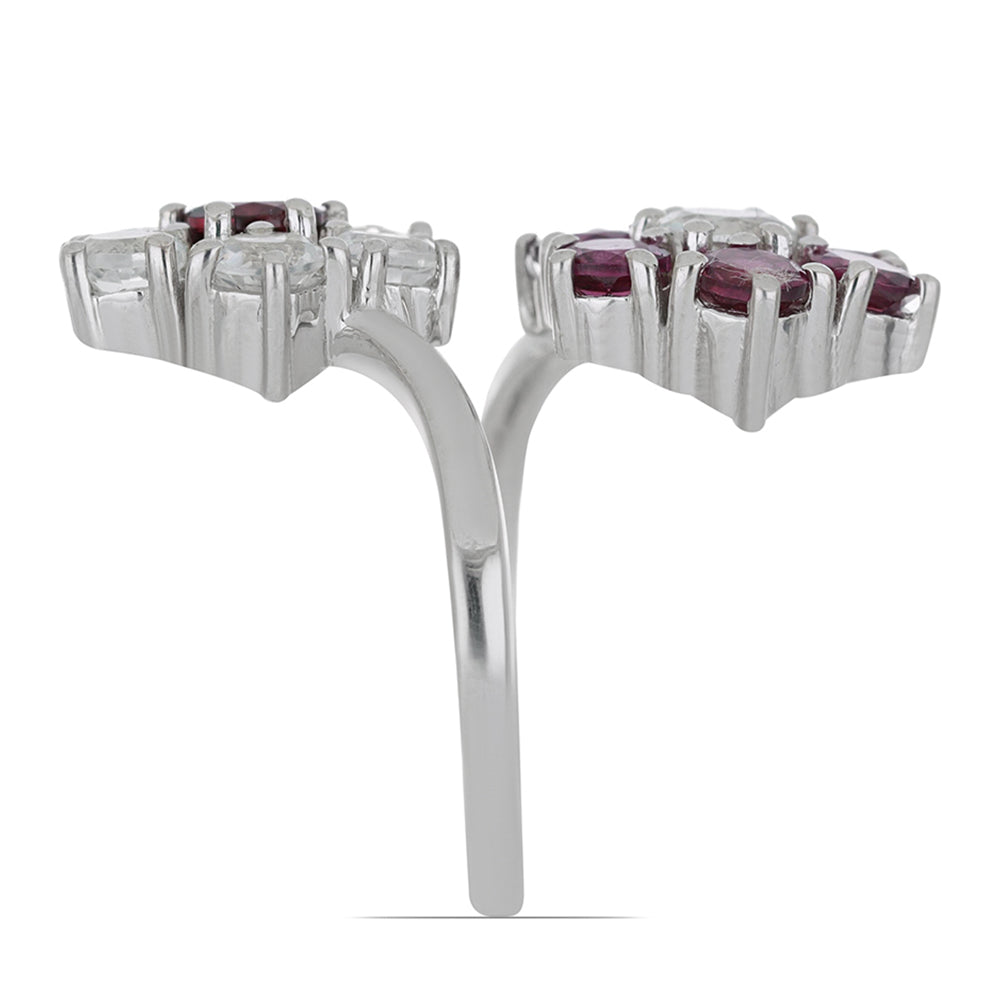 Silberring mit Rhodolith aus Moatize und weißem Topas