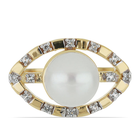 Goldplattierter Silberring mit weißer Süßwasserperle und weißem Topas