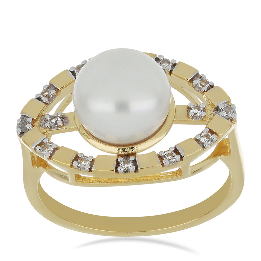 Goldplattierter Silberring mit weißer Süßwasserperle und weißem Topas 3 