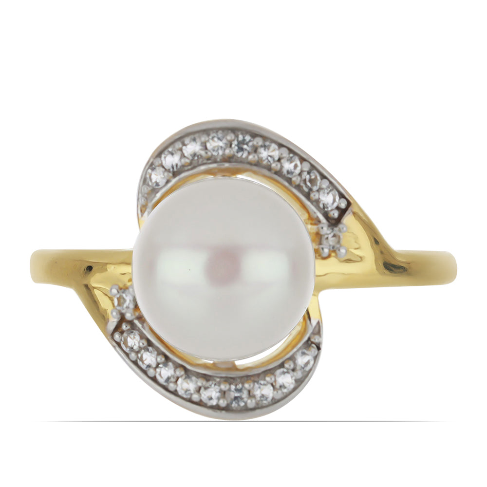 Goldplattierter Silberring mit weißer Süßwasserperle und weißem Topas 1 