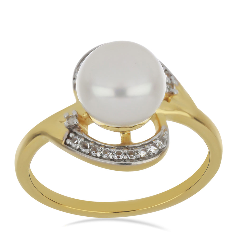 Goldplattierter Silberring mit weißer Süßwasserperle und weißem Topas 3 