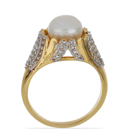 Goldplattierter Silberring mit weißer Süßwasserperle und weißem Topas