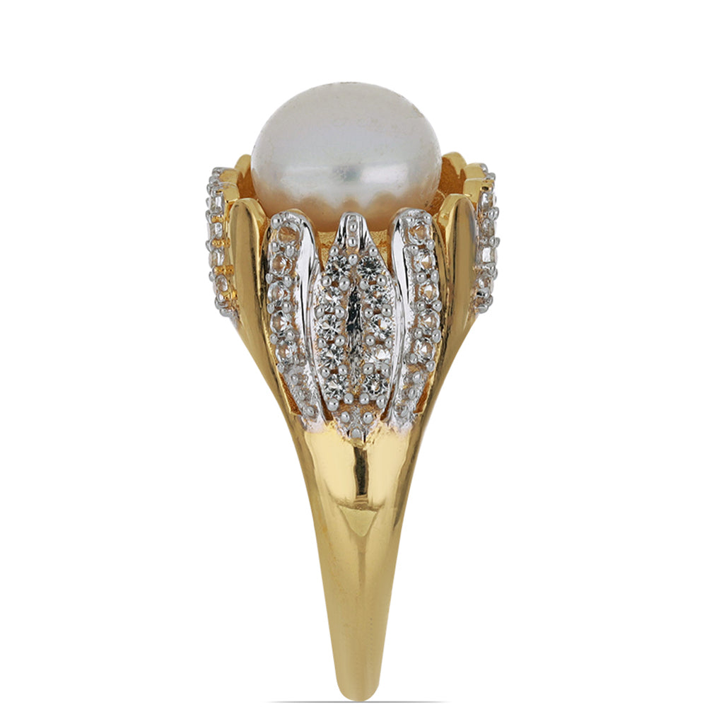 Goldplattierter Silberring mit weißer Süßwasserperle und weißem Topas 4 