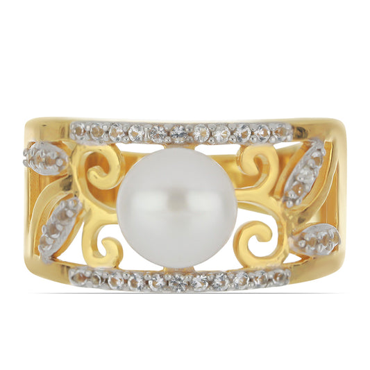 Goldplattierter Silberring mit weißer Süßwasserperle und weißem Topas