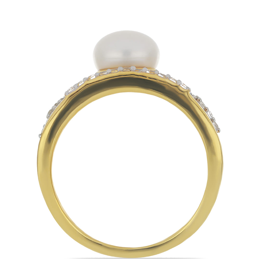 Goldplattierter Silberring mit weißer Süßwasserperle und weißem Topas