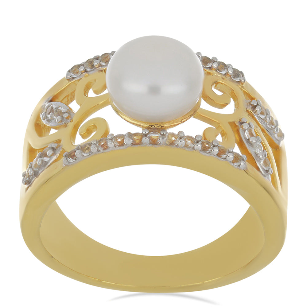 Goldplattierter Silberring mit weißer Süßwasserperle und weißem Topas
